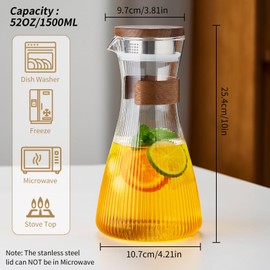 52OZ Glass Pitcher with Lid and Spout, Water Jug, 1500ml Carafe for Hot/Cold Water, Large Iced Tea Pitcher for Coffee, Juice and Homemade Beverage