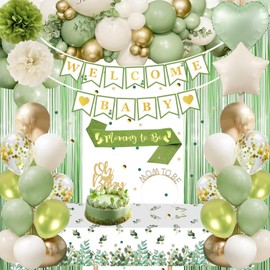 Baby Shower Decorations, Sage Green Woodland Gender Neutral Baby Shower Decor with Welcome Baby Banner, Balloons, Fringe Curtain Tablecloth, Sash Tiara, Pom Poms, Gender Reveal Bday Party Decorations