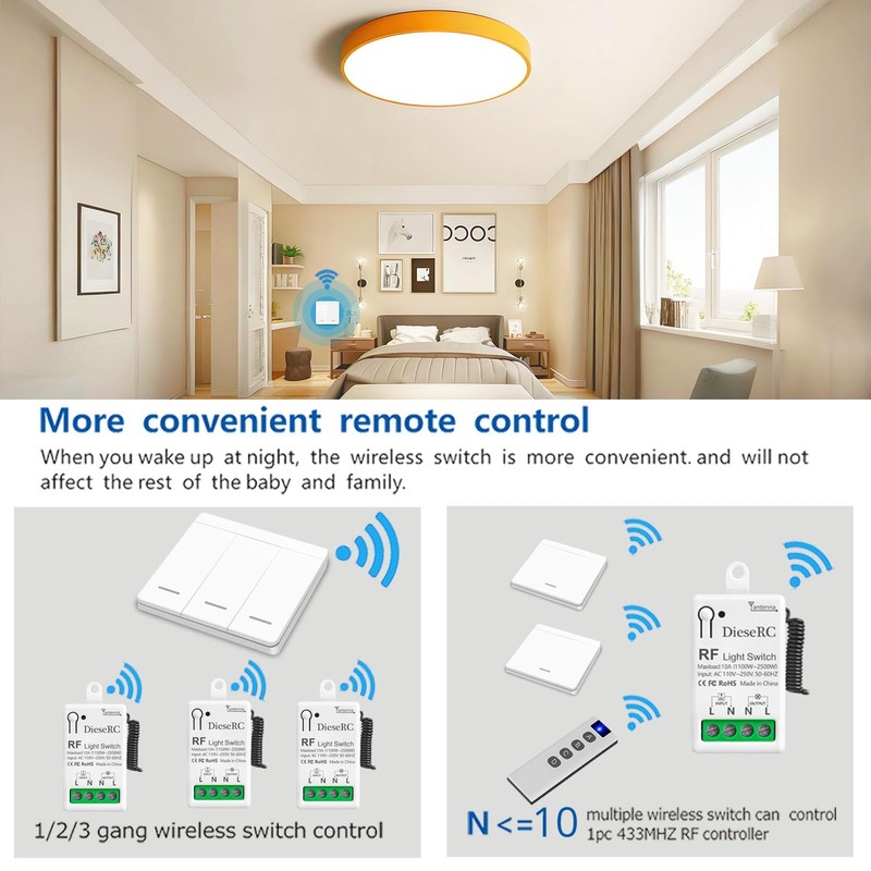 DieseRC Wireless Light Switch, RF Wireless Transmitter Switch and 10A