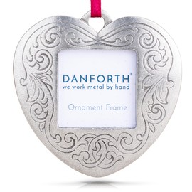 DANFORTH Victorian Heart Picture Frame Ornament – Handcrafted Pewter Valentines/Anniversary/Christmas Photo Frame Ornament, 2 ¼”, Satin Ribbon, Made In USA
