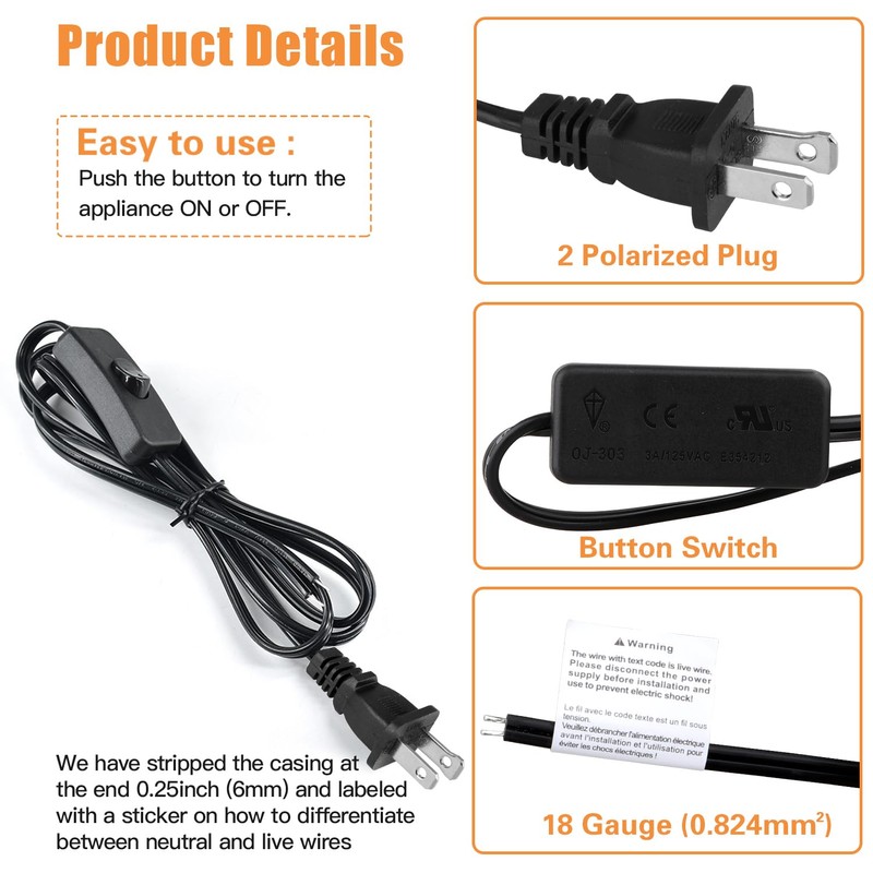Asjeumt 8FT Lamp Cord with Switch Replacement Lamp Cord Switch