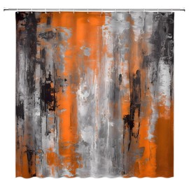 Abstract Orange Shower Curtain Burnt Orange Gray Grunge Brushstrokes Style Modern Abstract Oil Painting Art Decor Bathroom Curtain Set with Hook
