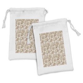 Ambesonne Sea Shells Fabric Pouch Set of 2, Vintage Inspired Monochrome Seashell Pattern Ocean Elements Wildlife Hand Drawn, Small Drawstring Bag for Toiletries Masks and Favors, 9" x 6", Tan Brown