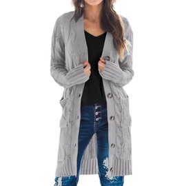 PRETTYGARDEN Long Sleeve Cable Knit Long Cardigan for Women 2024 Fall Winter Chunky Open Front Button Sweaters with Pockets(Grey,X-Large)
