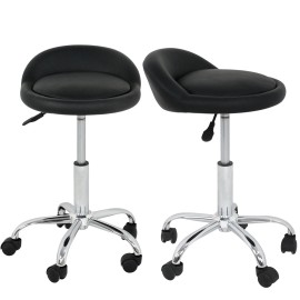 Segawe Set of 2 Salon Stool Rolling Hydraulic Spa Stools with Back Rest Saddle BLACK