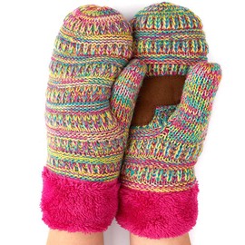 Funky Junque Exclusives Mittens Thermal Knit Mittens, Fleece Lined Mittens Women 100% Acrylic Mittens, Fuzzy Mittens Warm Mittens for Women Extreme Cold (Four Tone Mix - Rainbow #11)