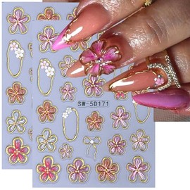 Cosmeria Nail Stickers Flowers, 2 Sheets 5D Floral Nail Stickers, Spring and Summer Nail Design, Pink and Gold Flower Nail Stickers for DIY