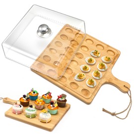 Vercraft Easter Wood Deviled Egg Platter with Lid and Handle 30 Holes Round Deviled Egg Tray Reversible Charcuterie Board Wooden Egg Holder Serving Egg Containers for Countertop (Bamboo)
