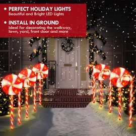 VINEROOF 10PK 8 Modes Flashing Christmas Candy Cane Lollipop Lights for Pathway Outdoor 130 LED Waterproof Lighted Up Christmas Light Decor for Garden Yard (RED)