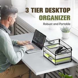 Daltack 3-Tier Paper Organizer with Handle, Mesh Desk Organizer Letter Tray, Paper Tray Organizer File Organizer for A4 File Folder,Black 2 Pack