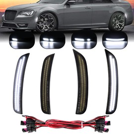 CYBORICH Dynamic Dual-Row White LED Side Marker Lights for Chrysler 300 2015-2023 Smoked Lens Front Rear Fender Lamps 4 Pcs with 4 Pigtail Connector Wires