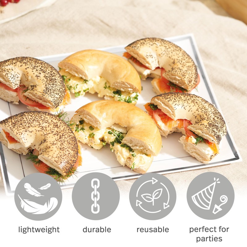 MATANA 6 White Plastic Serving Plates with Silver Edge for