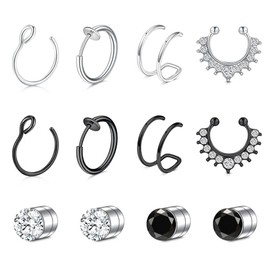 JFORYOU 20G 8 mm 6-10 Pieces Fake Nose Piercing Hoop Fake Nose Ring Fake Ear Helix Cartilage Ring, Stainless Steel