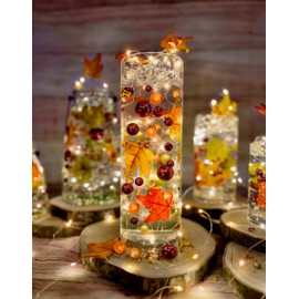 50 Floating Shades of Glowing Fall Leaves-Pumpkin Gems-Mums-Pearls-Fills 1 Gallon of Transparent Gels for Your Vases-with Measured Gels Prep Bag and 3 Warm White Submersible Fairy Lights Strings