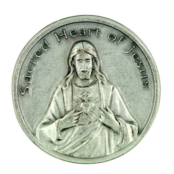 The Sacred Heart of Jesus Christ Silver Tone Pocket Token with Prayer Back by Lumen Mundi