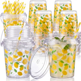 Ceenna 30 Pack 34 oz Lemon Plastic Drink Buckets with Lids and Straws Clear Lemonade Cocktail Ice Cream Rum Smoothies Cups Handle Reusable Punch Bowl Food Storage Containers for Summer Party Supplies