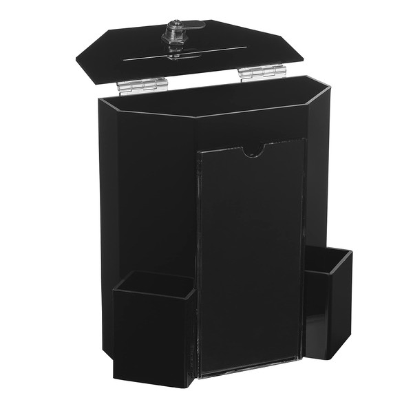 Charity Donation Acrylic Ballot and suggestion Box w/Display Frame, Lock & 2 Pockets for business card size paper(Black, Small)