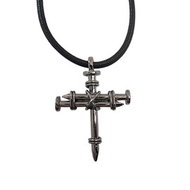 FORGIVEN JEWELRY Nail Cross Pewter Dark Grey Shiny Metal Color Finish Pendant Black Cord Necklace