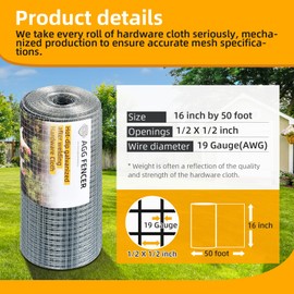 AggFencer 16in x 50ft Hardware Cloth 1/2 inch 19Ga Hot Dipped Galvanized After Welding, Chicken Coop Wire Fence, Garden Plant Welded Metal Wire Fencing Roll Mesh, Poultry Netting Cage Screen