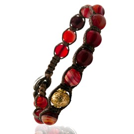 Samsara Tibetan Buddhist Bracelet - Shamballa with Striped Red Agate Stone - Waxed Cotton Thread, Cotton, Red Striped Agate