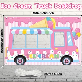 Ice Cream Truck Backdrop Party Decoration Pink Ice Cream Photo Prop Background Party Supplies Sweet Dessert Photography Banner for Girl Baby Shower Birthday Party Favor Dessert Cart Booth Props