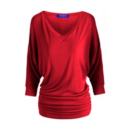 Women's Luxe Rayon V Neck Dolman 3/4 Sleeve with Side Ruched Top Lightweight Fabric with Great Stretch Red L