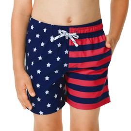HODOSPORTS Traje de baño para niños con bolsillos, Bandera Rojo/Azul-Americana, 10-12 Años