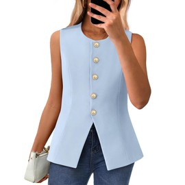 BTFBM Summer Sleeveless Blazer Vest For Women Dressy Button Down Round Neck Business Casual Outfits Work Suit Vests Tops(Light Blue, X-Large)