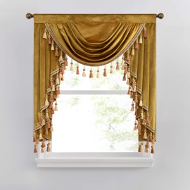 VOGOL Thick Velvet Curtains Valance for Bedroom, Gold Thermal Insulated Luxury Waterfall Valances for Formal Living Room, Rod Pocket Top, W39 Inches, 1 Panel