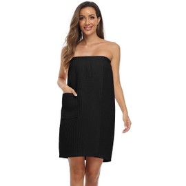 FADSHOW Women's Waffle Spa Bath Wrap Towel Adjustable Closure Ultra Absorbent Cover Up,Black,Large/X-Large