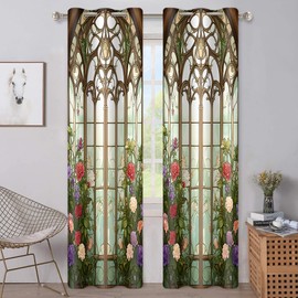 AHBEWIN Stained Glass Window Curtain Flower Plant Curtain Floral Botanical Vintage Drapes Blackout Noise Reduction Curtains for Bedroom Living Room Decor 42x84 Inch Set of 2 Panels CLXPAH3000