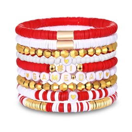 boderier Football Bracelets for Women Stack Game Day Bracelets Heishi Beaded Stretchy Bracelets Sports Fan Bracelet Football Accessories Jewelry (Red White)