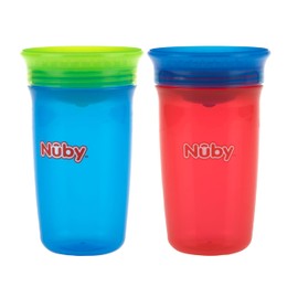 Nuby Wonder Cup with 360 Smart Edge Silicone Rim - (2-Pack) 10 oz - No-Spill Sippy Cup for Toddlers - Red/Blue