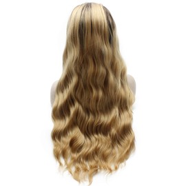 Mxangel Long Wavy Blonde Ombre Synthetic Lace Front Two Tone Half Hand Tied Heat Resistant Fiber Hair Wig