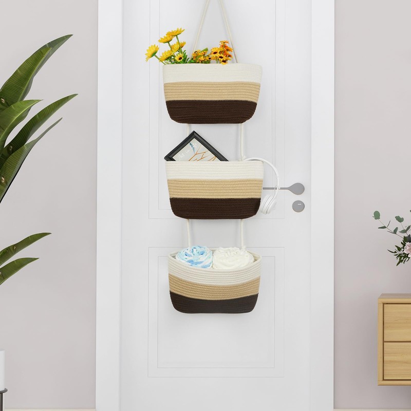 TeoKJ Over the Door Hanging Basket, 3-Tier Woven Cotton Wall-Mounted
