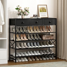 UNITSTAGE Shoe Rack, 5 Tier Shoe Organizer with 3 Drawers, Metal Shoe Storage for 24-30 Pairs of Shoes with Fabric Shelves and Wooden Top, Narrow Shoe Shelf for Closet Entryway Black