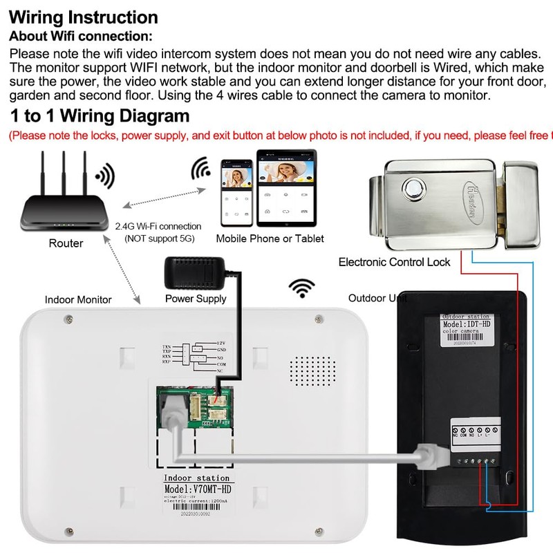 7'' TFT LCD Wired Video Intercom System WiFi Indoor Monitor