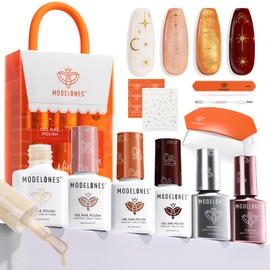 modelones Gel Nail Polish Kit with U V Light, 4 Colors Low-key Gel Mini Salon, Base&Top Coat and Stickers, White Nude Burgubdy Red Gold Manicure Set, DIY Home Nail Art Decoration, Fall Gift for Women
