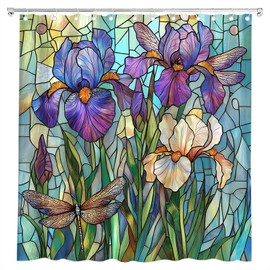 Purple Floral Dragonfly Shower Curtain Stained Glass Artistic Iris Green Leaves Abstract Nature Plant Spring Summer Modern Botanical Bath Curtain Fabric Bathroom Accessories Decor with Hooks