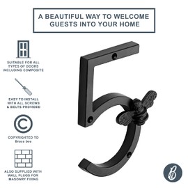 Brass bee House Number with Bee design | 5 inch Modern Door Sign Numbers Signs Plaques | Street Home Address Numerals, Black Iron Metal 0-9 (5)