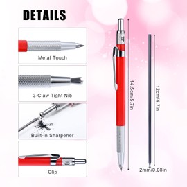 Mechanical Carpenter Pencil Set, 1pc Pencil and 12pcs 2B Pencils Refills Metal Marker Automatic Solid Pencils with Built-In Sharpener for Architect Construction Woodworking Scribering (Red)
