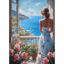 QINRUBB DIY Beauty Diamond Painting Adults, 5D Window Diamond Painting Pictures Beginners, Sea View Round Full Drill Diamond Art Kits Embroidery Cross Stitch Gifts Home Wall Decor 30 x 40 cm