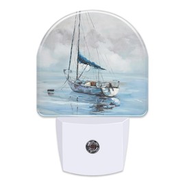 sndheke Blue Sailboat in Harbor Night Light Plug into Wall, Boat Ocean Oil Painting Dusk to Dawn Night Light Plug in,0.5w Energy Saving Sleep Friendly Night Light for Kids Boys Girls Home Decor