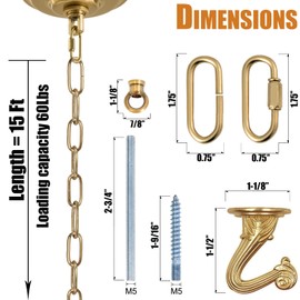 Omytie 15 Ft Heavy Duty Hanging Chain Kit with Connection Locks & Swag Ceiling Hooks for Lighting Fixture, Chandelier, Pendant, Lantern, Swag Lamp, Plant/Flower/Fruit Basket, Bird Feeder (Brass)