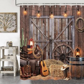 Jipusai Rustic Barn Door Shower Curtain Set, Western Cowboy Shower Curtains, Farmhouse Country Cactus Shower Curtains for Bathroom, Farm Wooden Vintage Fabric Bathtub Decor Accessories with Hooks, 48X70IN