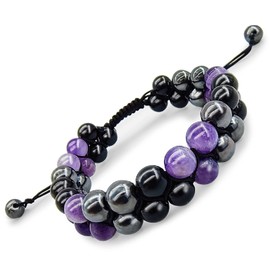 Triple Protection Bracelet for Women/Men, Double Row Hand Woven Natural Stone Bracelet, Amethyst+ Black Agate+ Magnetite Crystal Jewelry Healing Bracelets (Amethyst+Black Agate+Magnetite)