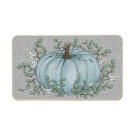 Artoid Mode Blue Pumpkin Eucalyptus Fall Doormat, Autumn Home Decor Low-Profile Switch Rug Door Mat Floor Mat for Indoor Outdoor 17x29 Inch