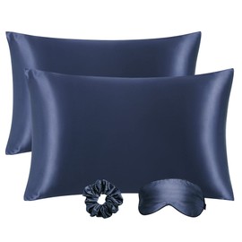 PiccoCasa Satin Pillowcases for Hair and Skin with Eye Mask and Scrunchie Soft Pillowcase 2 Pack Zipper Closure Silky Bed Pillow Covers Set for Sleeping Navy Blue 50 x 75cm