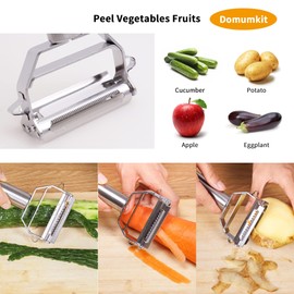 Julienne Peeler，Stainless Steel Vegetable Peeler with Cleaning Brush，Double-Sided Blade Vegetable Julienne Cutter and Fruit Slicer，Dual Blade Multifunction Potato Peeler Melon Gadget Vegetable Fruit