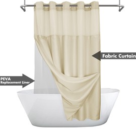 No Hook Slub Textured Shower Curtain with Snap-in PEVA Liner Set - 71" x 74"(72"), Hotel Style Beige Shower Curtain with See Through Top Window, Machine Washable & Water Repellent, Linen, 71x74